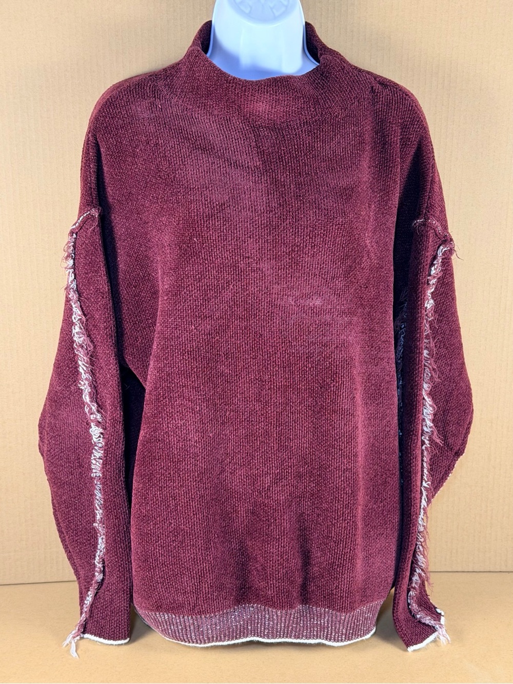 Zenana Tunic Sweater Womens Size XS Plum Contrast Fringe Detail Boho Peasant
